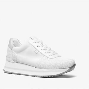 Michael Kors Monique Trainer Bright White Silver 9.5 M Signature Logo NIB NEW